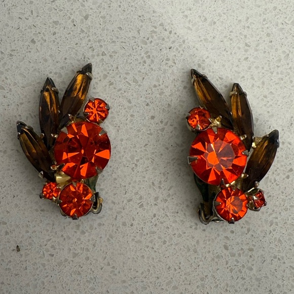 Vintage D&E Juliana Clip On Earrings Orange Rhinestones Mid-Century Modern MCM - Picture 2 of 8